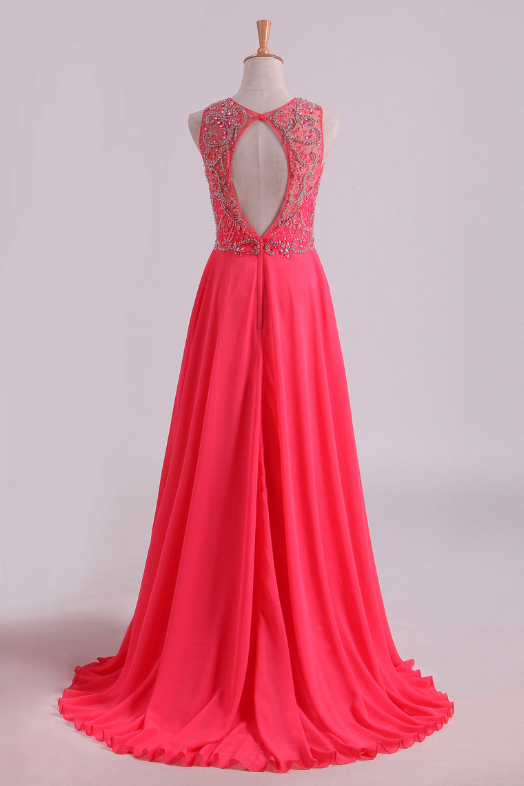 2022 Water Melon Prom Dresses Scoop A Line Beaded Bodice Open Back Chiffon & Tulle Floor-Length