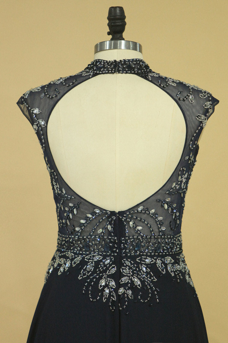 2022 A Line High Neck Beaded Bodice Prom Dresses Open Back Chiffon