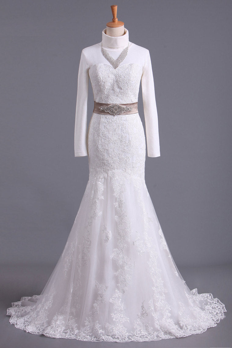 2022 Muslim Sweetheart Wedding Dresses Organza With Applique And Sash Mermaid