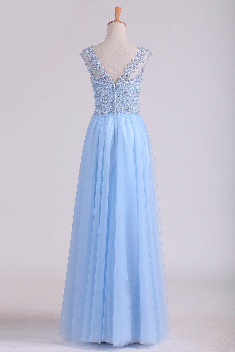 2022 Scoop A Line Prom Dress Beaded Floor Length Pick Up Tulle Skirt With Applique