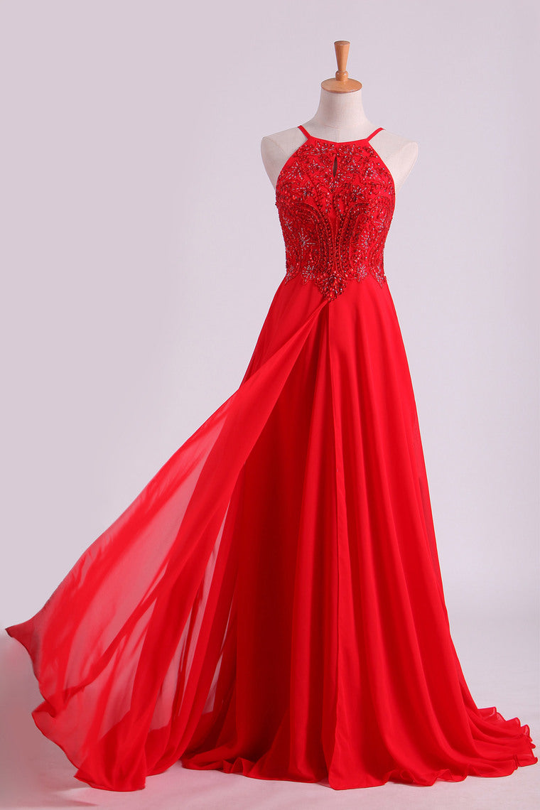 2022 Red Spaghetti Straps Beaded Bodice A-Line Chiffon Prom Dresses