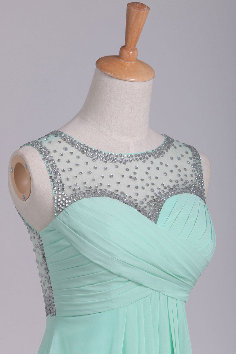 2022 Mint Scoop A Line Prom Dresses Chiffon With Beads & Ruffles Floor Length