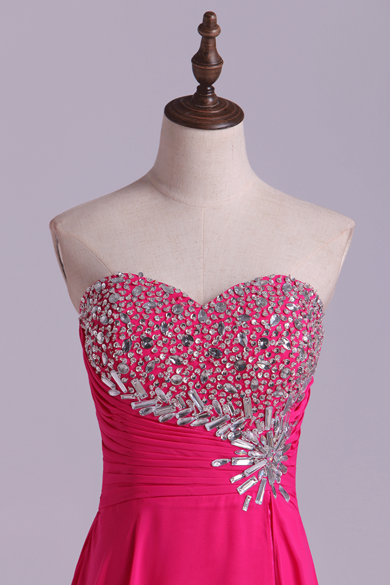 2022 Sweetheart Beaded Bust Prom Dresses A-Line Sweep Train Chiffon