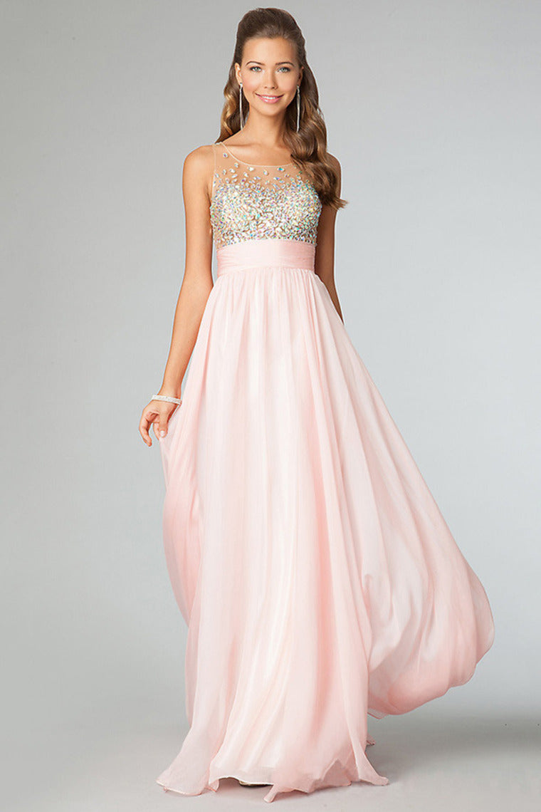 2022 Sexy Prom Dresses Scoop Neckline Princess Floor Length Chiffon Beaded Bodice