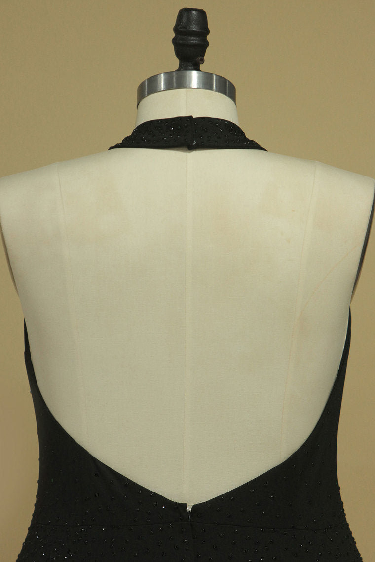 2022 New Arrival Black Halter Prom Dresses Mermaid With Beading Black Spandex