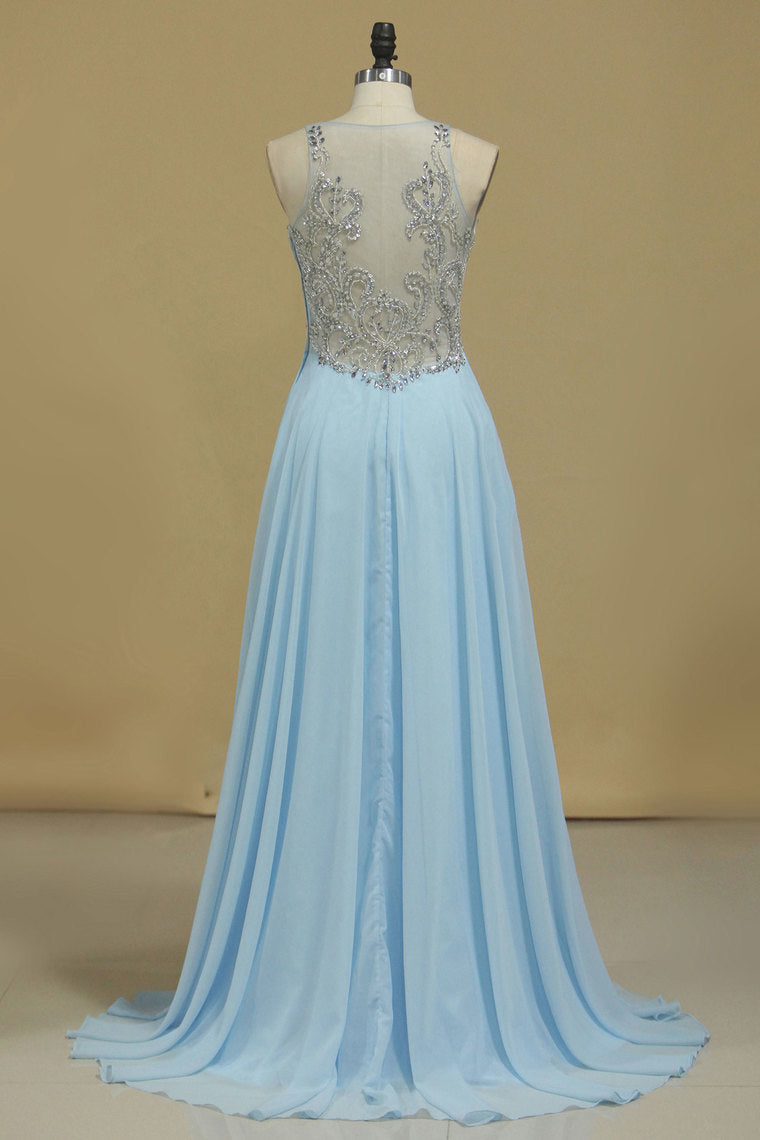 2022 Chiffon & Tulle V Neck Prom Dresses Beaded Bodice A Line