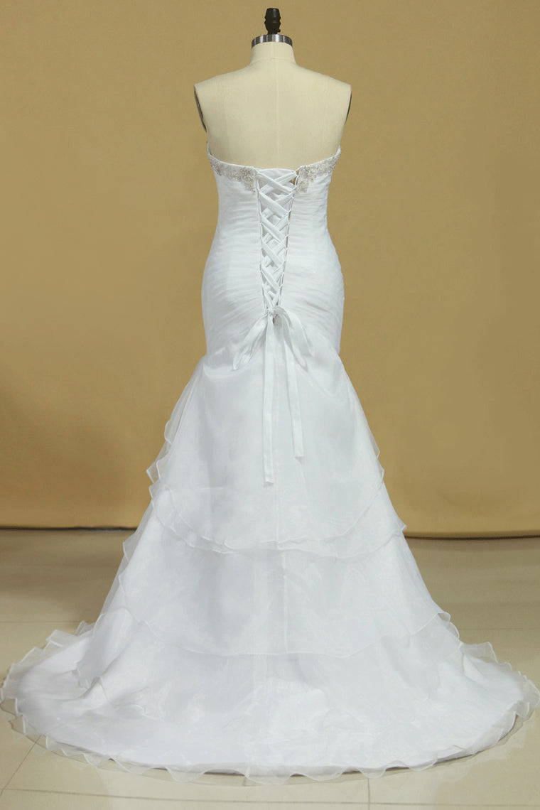 2022 Plus Size Sweetheart Wedding Dresses Ruched Bodice Organza With Beading