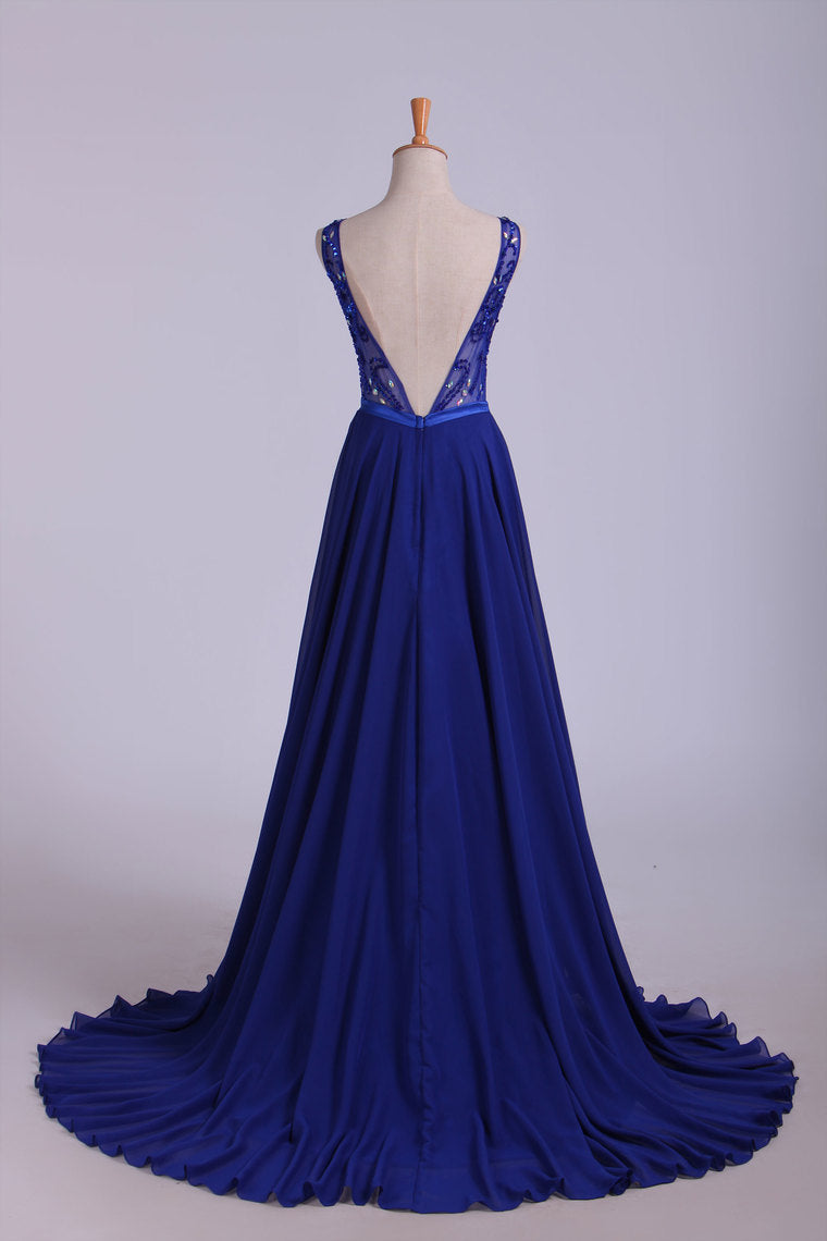 2022 Bateau A-Line Chiffon Prom Dresses With Ribbon Sweep Train