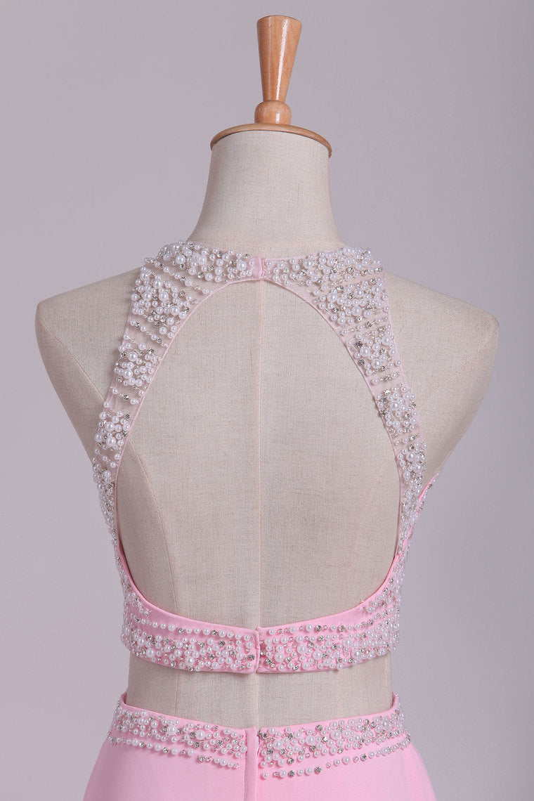 2022 Two Pieces Column Scoop Prom Dresses With Beads And Pearls Spandex & Tulle