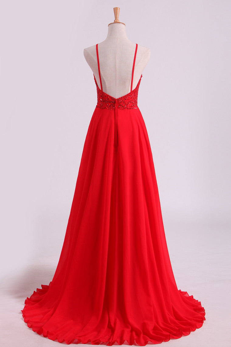 2022 Red Spaghetti Straps Beaded Bodice A-Line Chiffon Prom Dresses