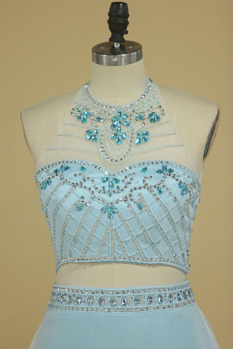 2022 Two-Piece Halter A Line Prom Dresses With Beading And Rhinestones Bicolor Chiffon & Tulle