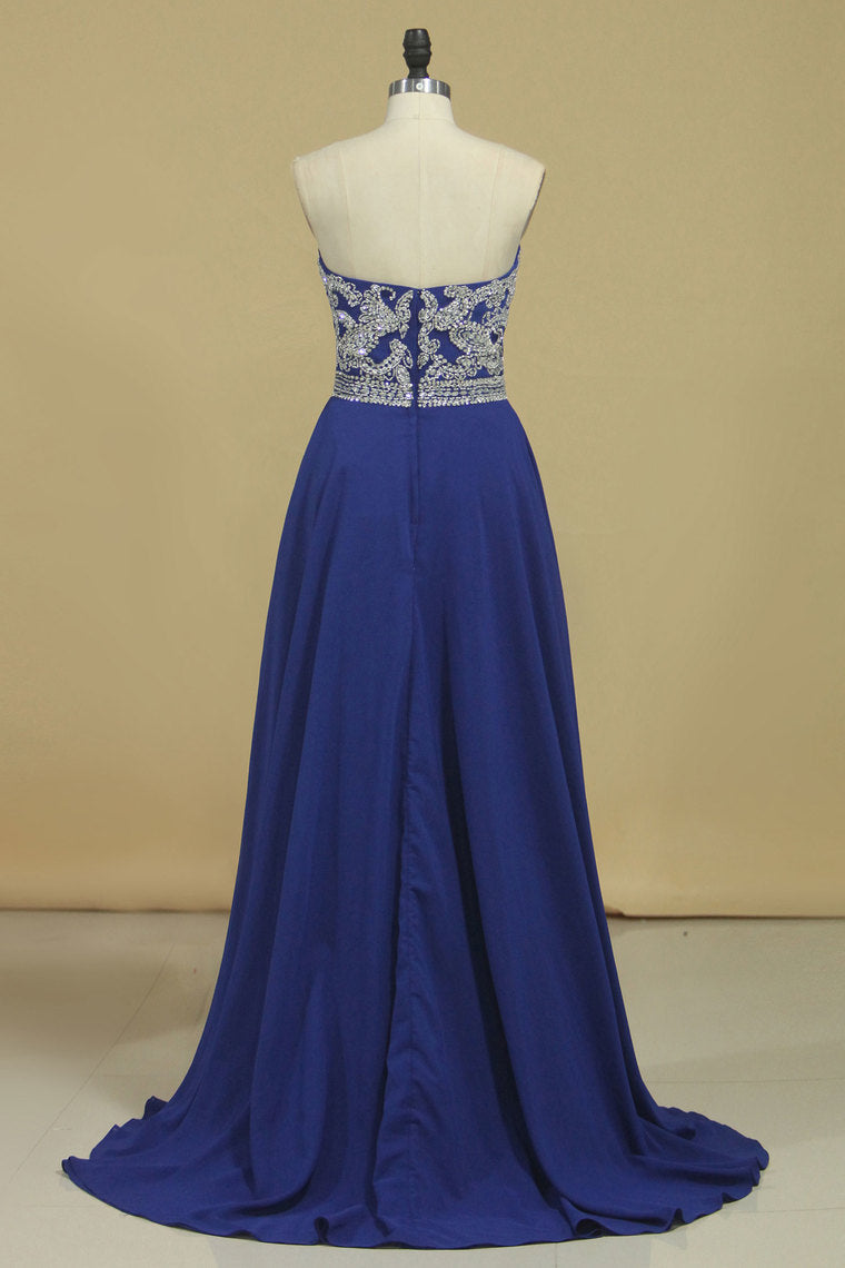 2022 A Line Sweetheart Beaded Bodice Prom Dresses Dark Royal Blue Chiffon Floor Length
