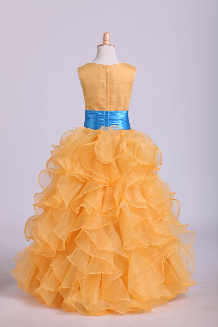 2022 Flower Girl Dresses Ball Gown Scoop Floor Length Organza