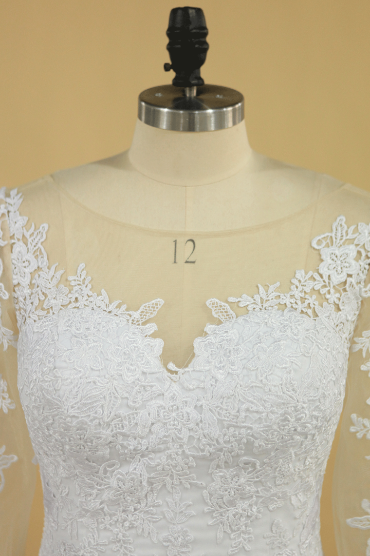 2022 Plus Size Mermaid Open Back Wedding Dresses 3/4 Length Sleeve Tulle With Applique