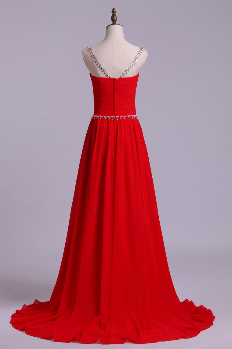 2022 Scoop Prom Dresses A Line Chiffon With Beads And Ruffles