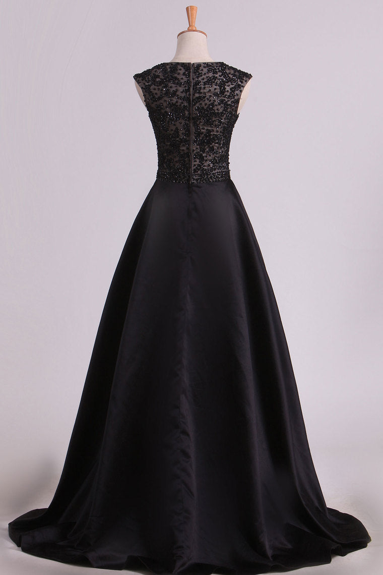 2022 A Line Prom Dresses Scoop Cap Sleeves Floor Length Satin