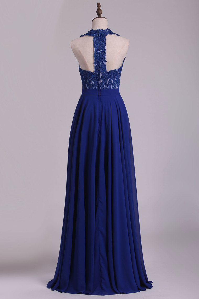 2022 Chiffon V Neck A Line With Applique And Beads Prom Dresses Open Back