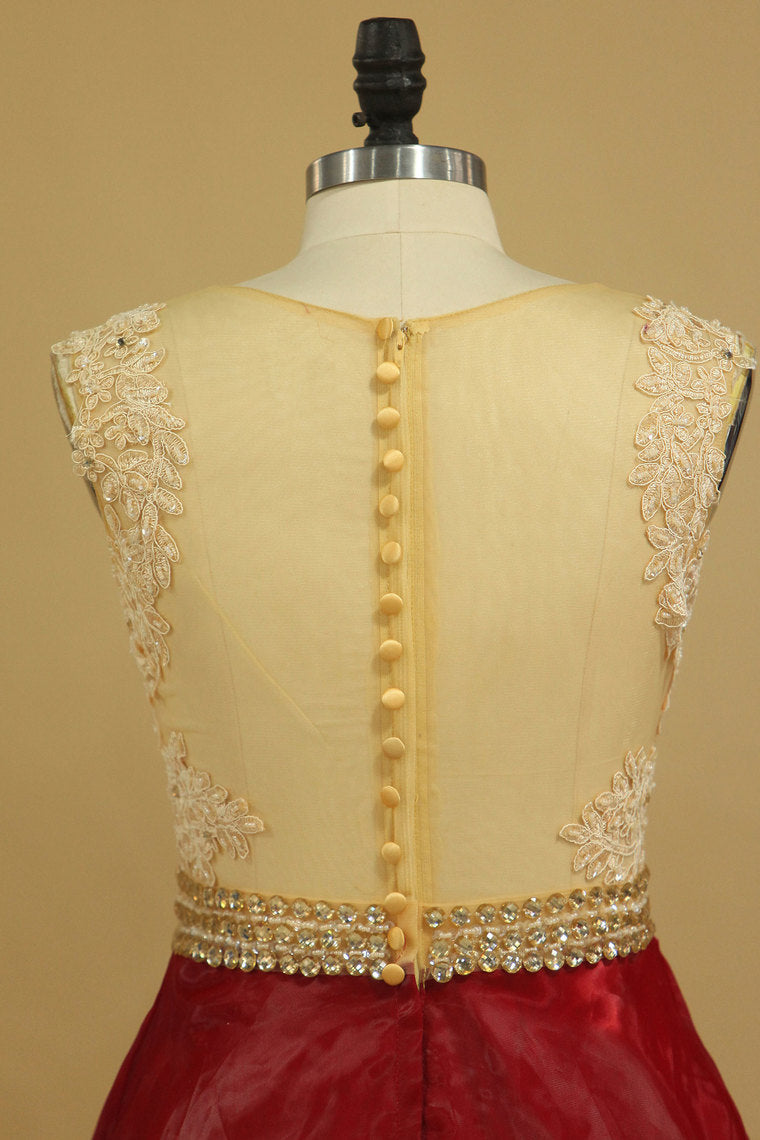 2022 Scoop A Line Prom Dresses Organza With Sash & Applique Burgundy/Maroon