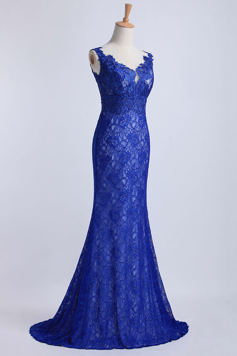 2022 Evening Dresses Bateau Mermaid With Deep V Shape Back Lace&Tulle Dark Royal Blue