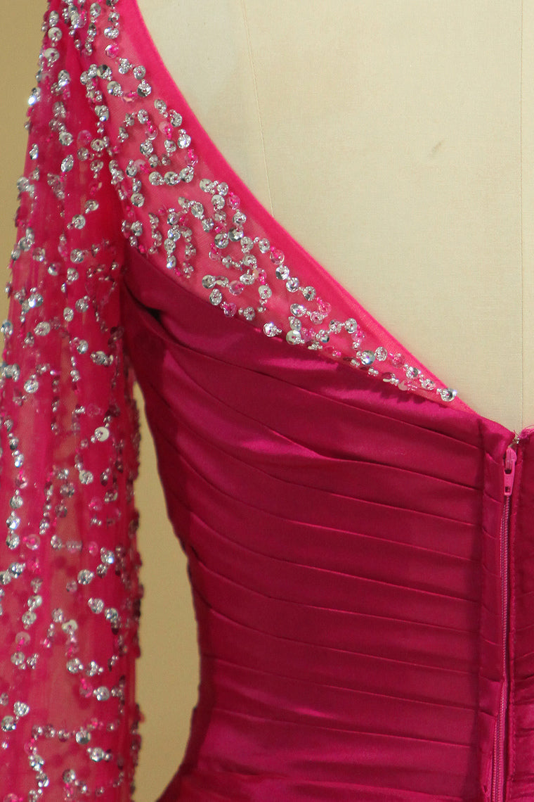 2022 Plus Size Scoop Mother Of The Bride Dresses Long Sleeves Taffeta With Beads And Ruffles Fuchsia