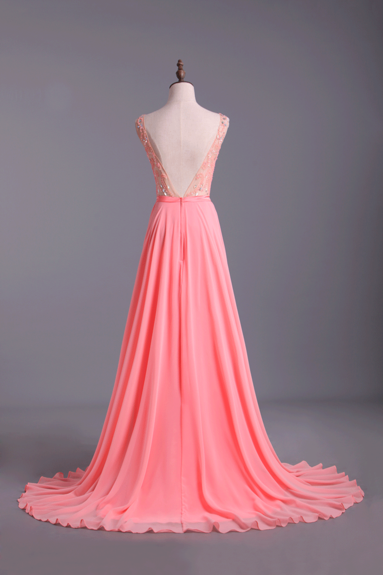 2022 Bateau A-Line Chiffon Prom Dresses With Ribbon Sweep Train