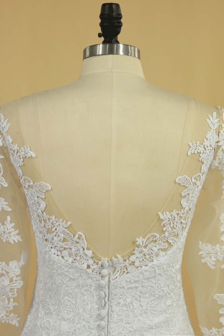 2022 Plus Size Mermaid Open Back Wedding Dresses 3/4 Length Sleeve Tulle With Applique