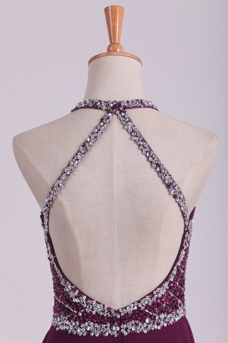 2022 Grape A Line Prom Dresses Halter Beaded Bodice Open Back Sweep Train Chiffon & Tulle