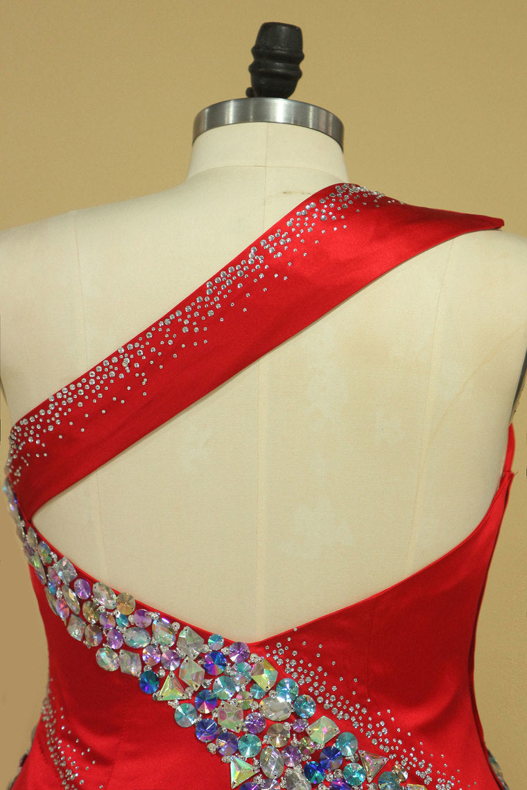 2022 Mermaid/Trumpet One Shoulder Prom Dresses Satin With Beading