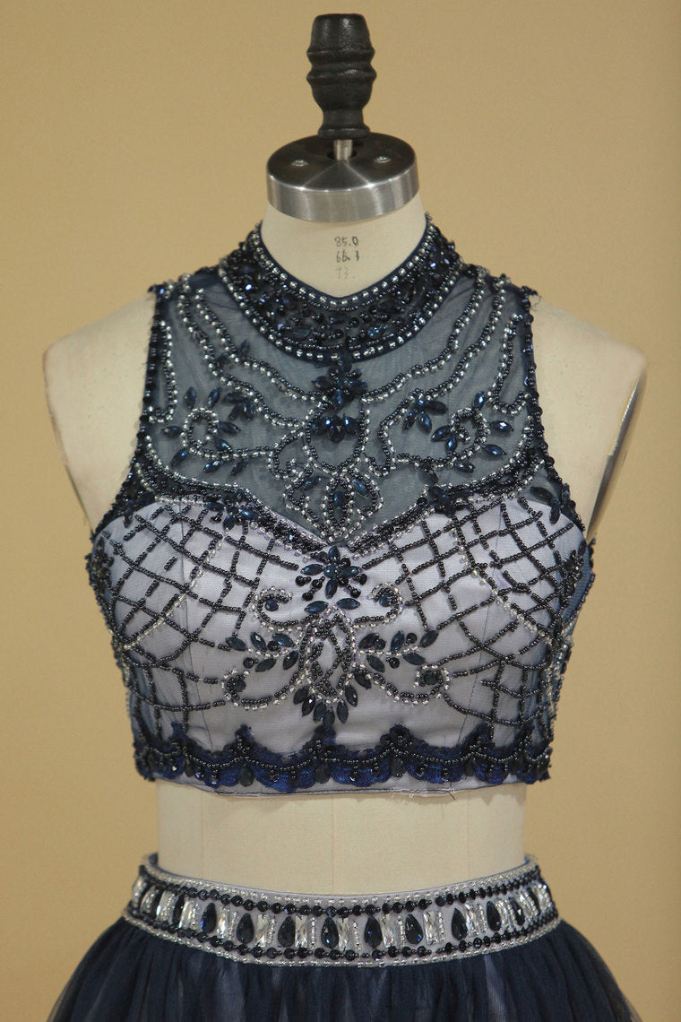 2022 Prom Dresses High Neck Two Pieces Tulle A Line With Beads Floor Length