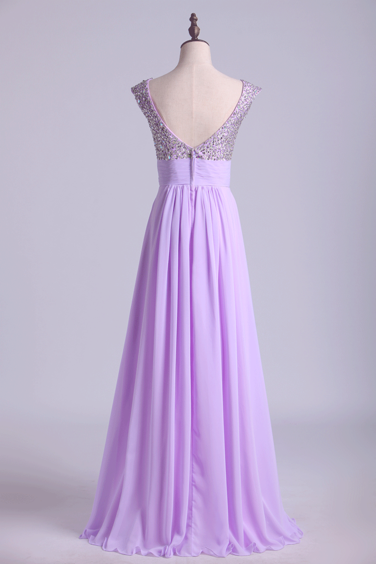 2022 Exquisite Straps A Line Chiffon Prom Dresses Beaded And Ruffled Floor Length