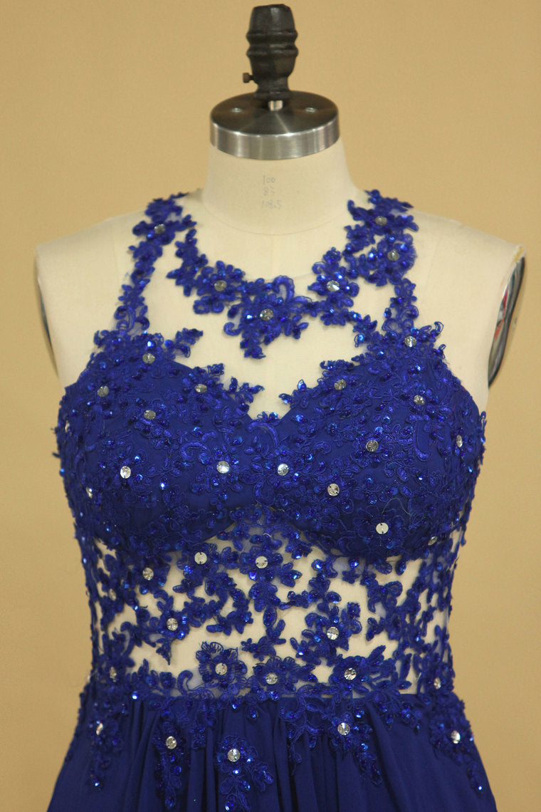 2022 Prom Dresses A Line Scoop Chiffon With Applique Floor Length