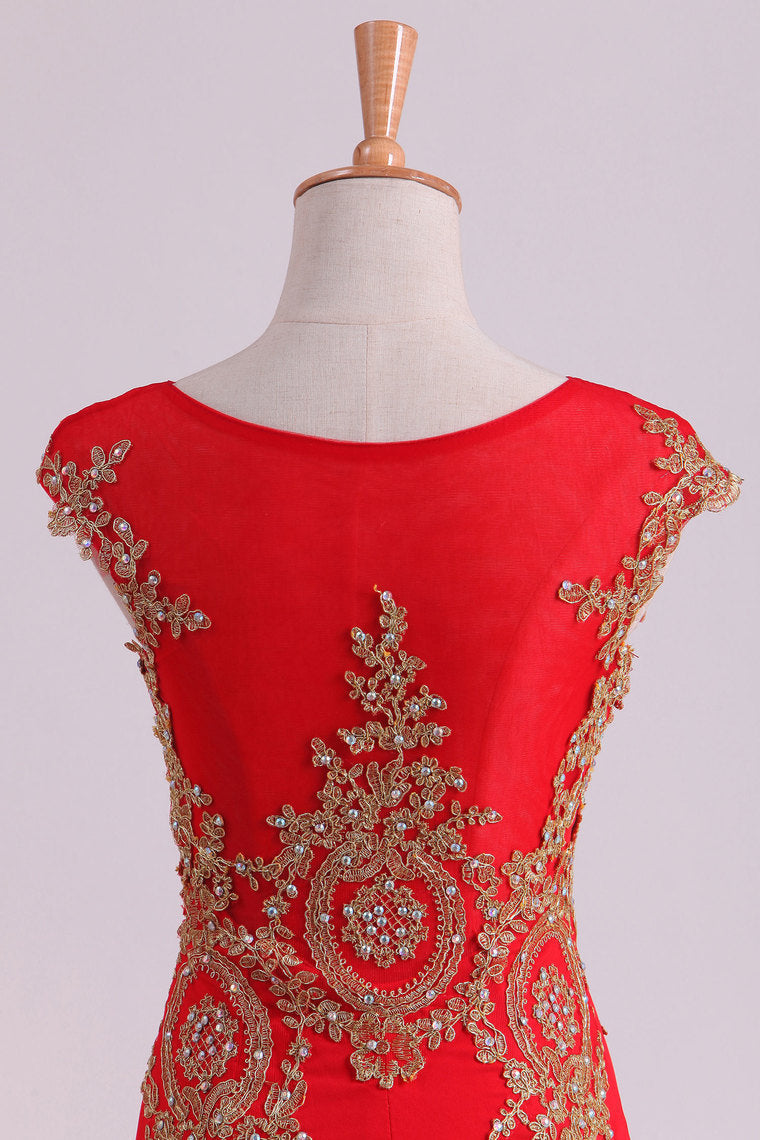 2022 Red Prom Dresses Scoop Mermaid With Applique Spandex Sweep Train