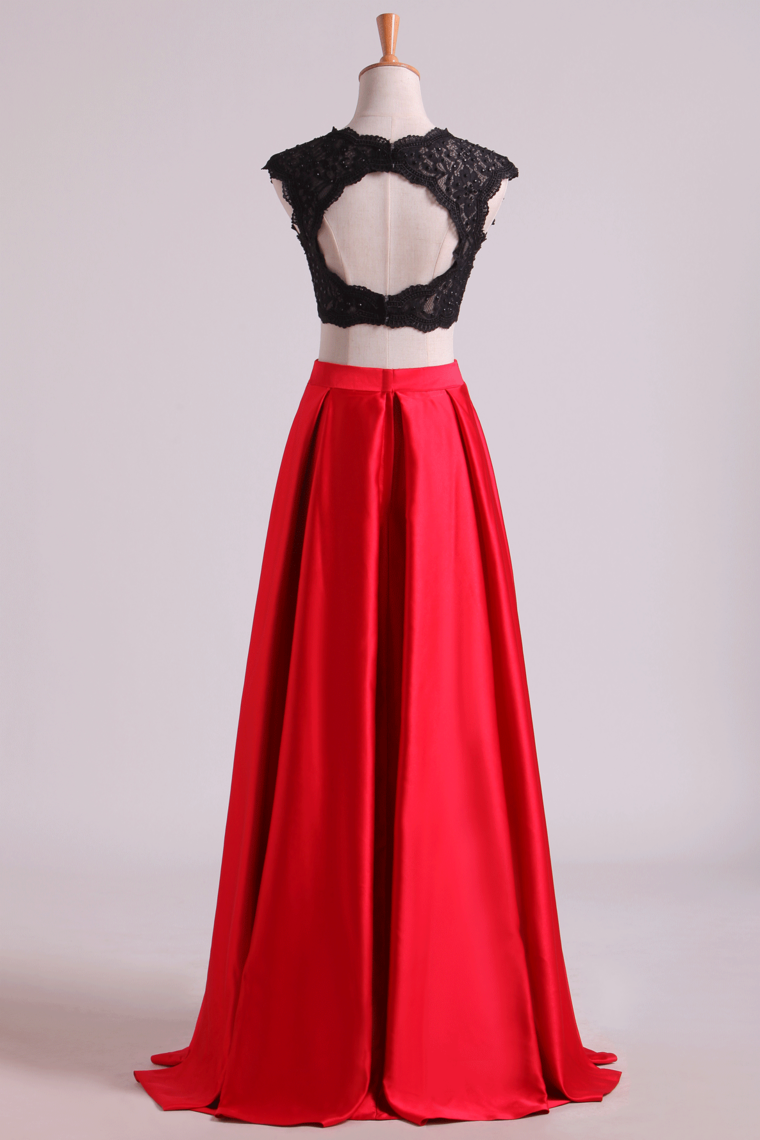 2022 Two Pieces Open Back Prom Dresses Scoop Satin Appliqued&Beaded Bodice Floor Length