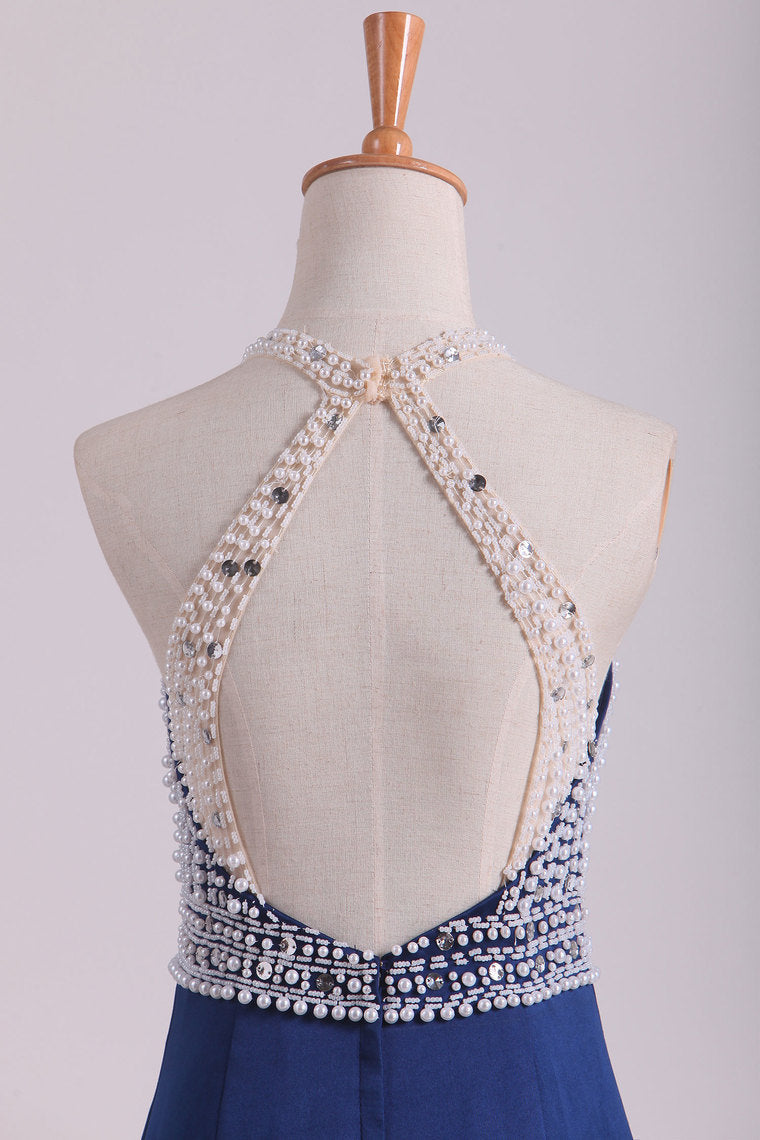 2022 Sexy Open Back Halter  Mermaid Prom Dresses Satin With Beading Floor Length