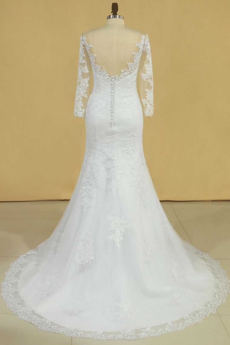 2022 Plus Size Mermaid Open Back Wedding Dresses 3/4 Length Sleeve Tulle With Applique