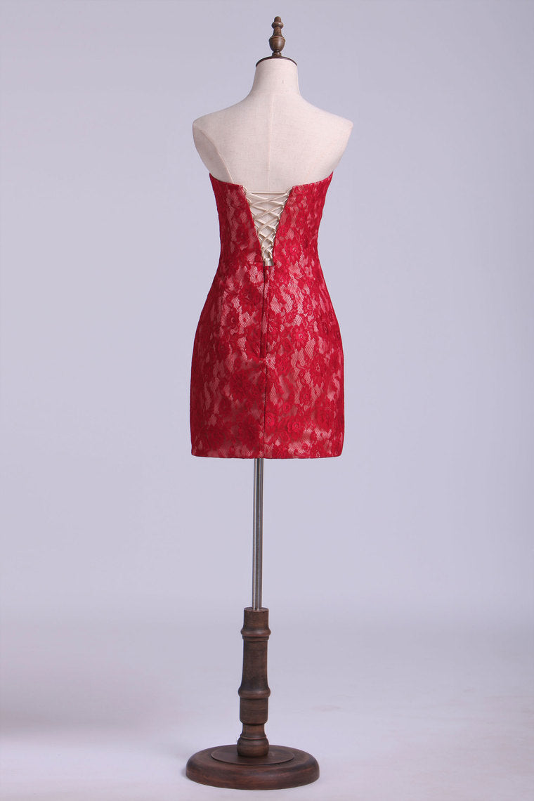 2022 Sweetheart Lace Homecoming Dress Sheath Short/Mini Burgundy/Maroon
