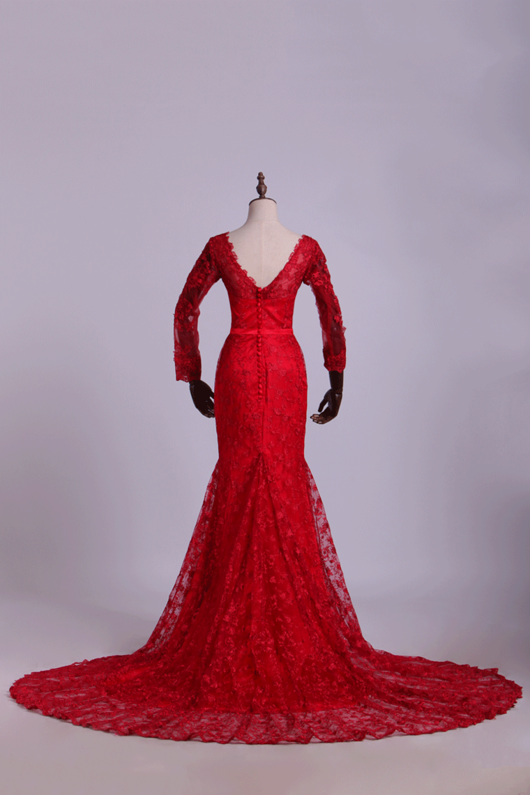 2022 V-Neck Evening Dresses Mermaid With Applique Lace And Tulle Burgundy/Maroon New