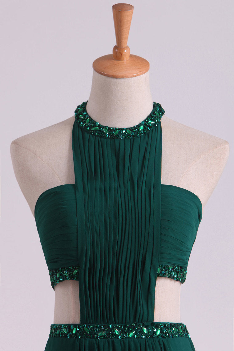 2022 Sexy Open Back Prom Dresses Scoop Chiffon With Ruffles And Beads