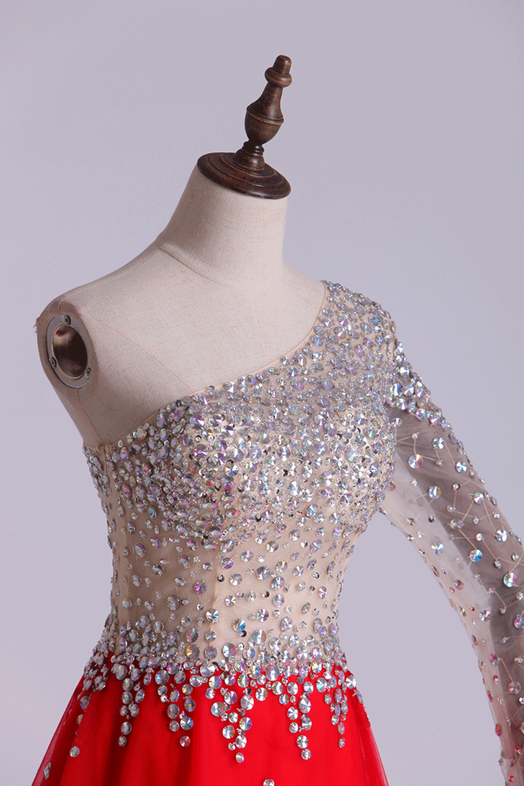 2022 One Sleeve A-Line Homecoming Dresses With Rhinestones Tulle