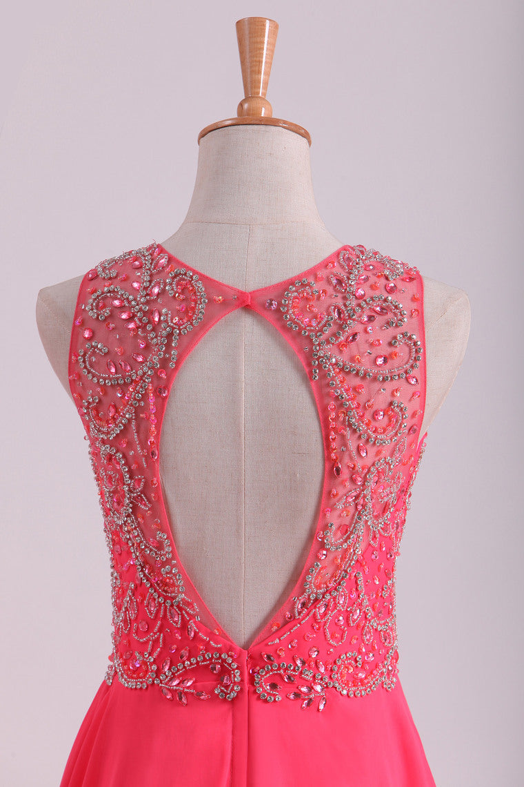 2022 Water Melon Prom Dresses Scoop A Line Beaded Bodice Open Back Chiffon & Tulle Floor-Length