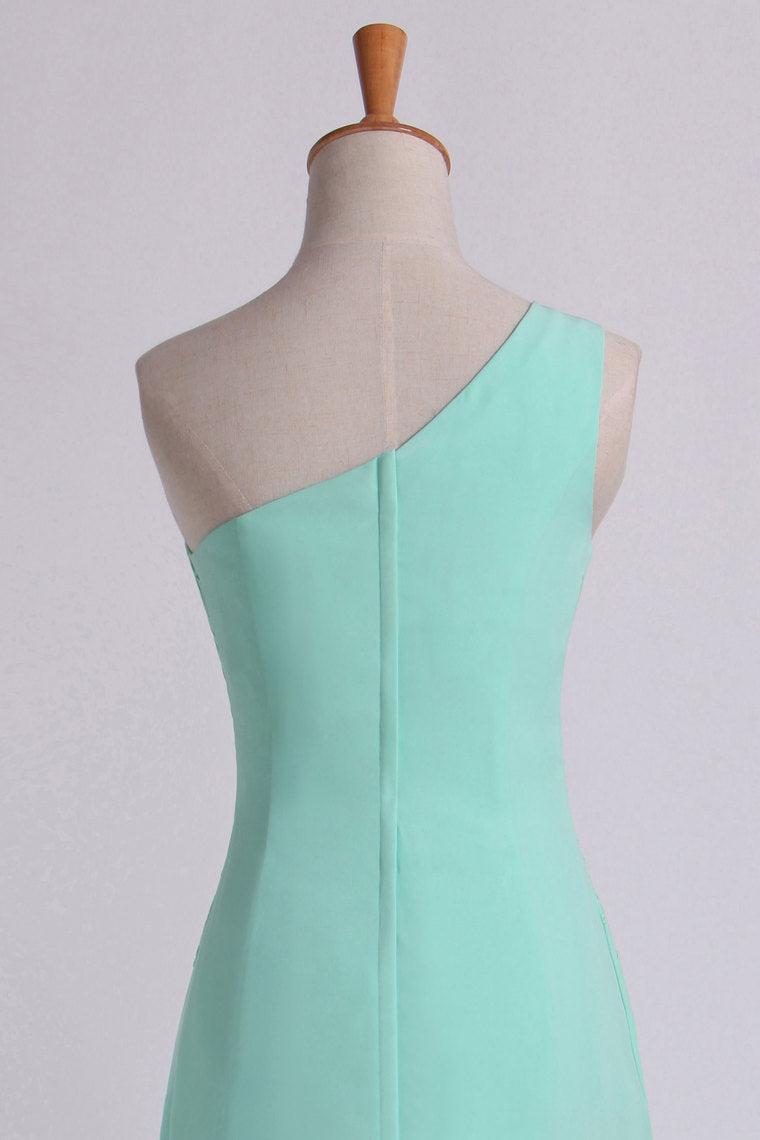 2022 Evening Dresses One Shouder Pleated Bodice Column Chiffon With Beads