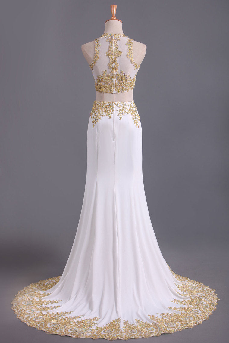 2022 Two-Piece Scoop Mermaid Prom Dresses Chiffon With Gold Applique