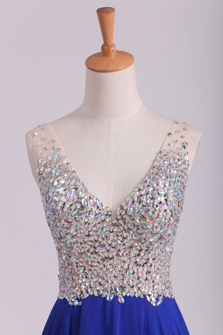 2022 V Neck Beaded Bodice A Line Prom Dresses Chiffon With Slit Sweep Train