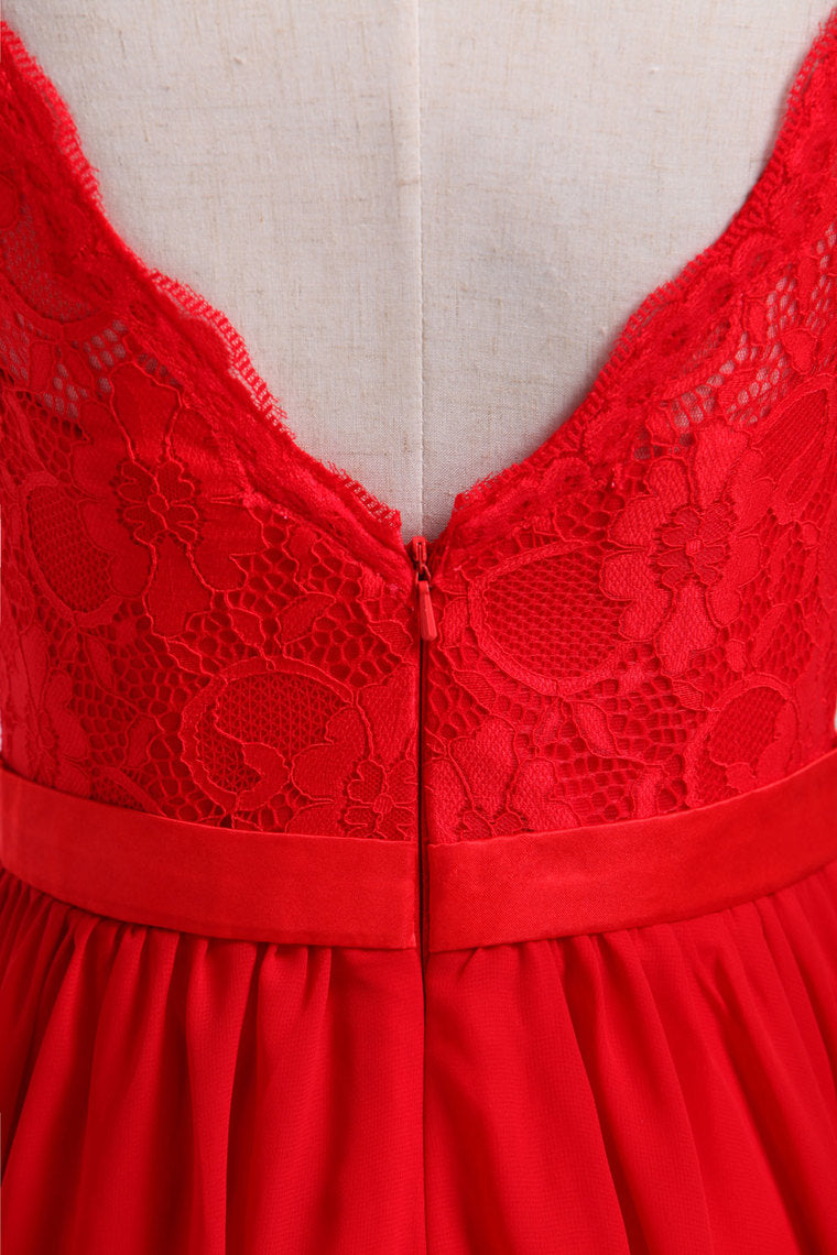 2022 V-Neck A Line Knee Length Lace & Chiffon Bridesmaid Dresses