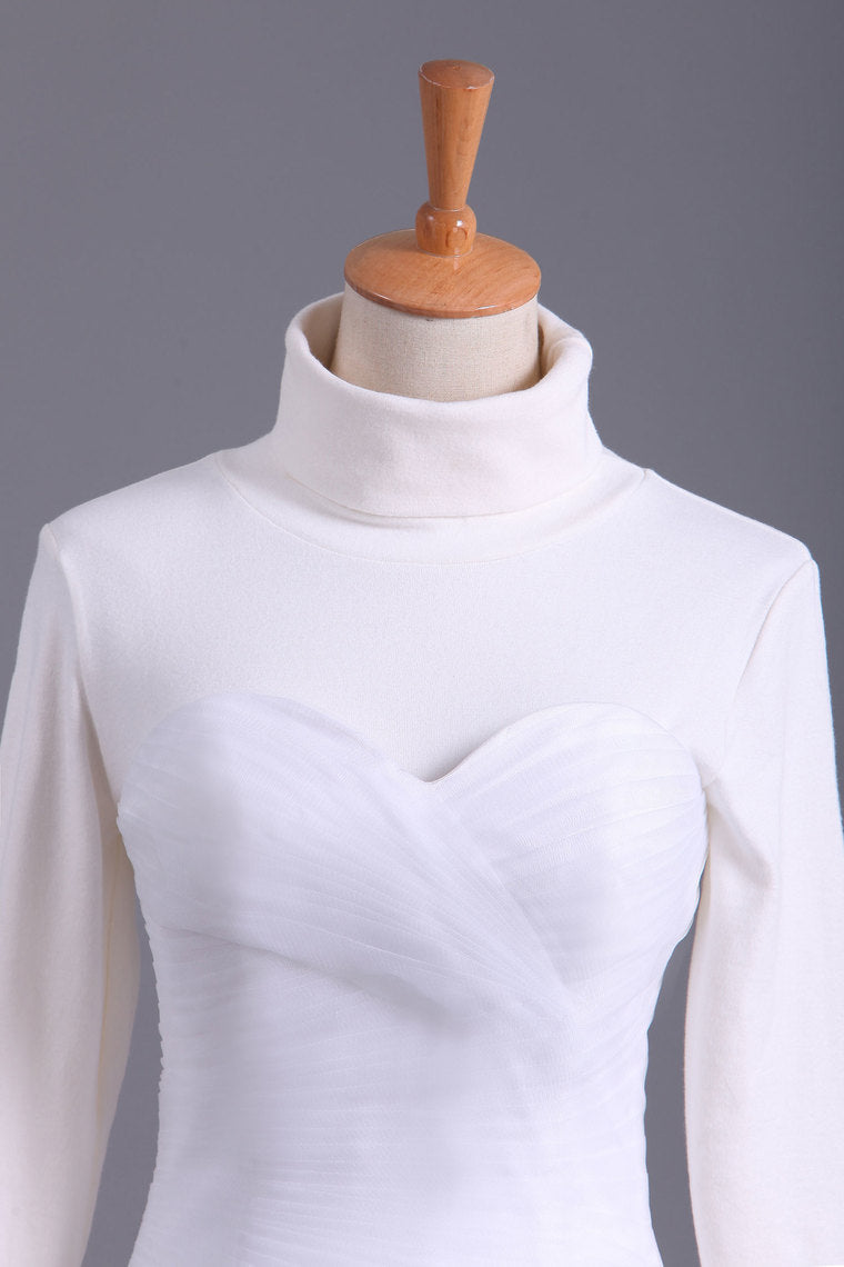 2022 High Neck Mermaid/Trumpet Muslim Wedding Dresses Pleated Bodice With Tulle Skirt Lace Up