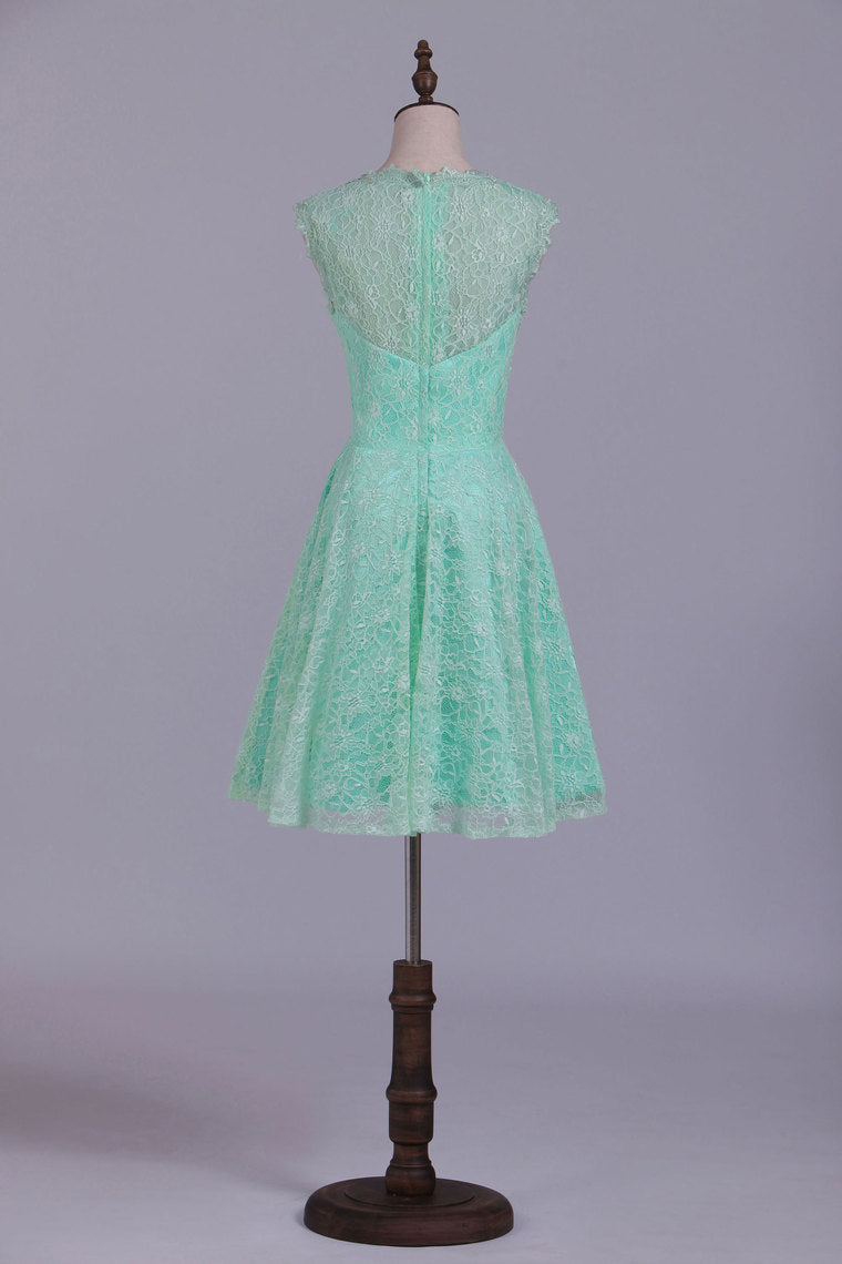 2022 V-Neck A Line Above Knee Length Lace Bridesmaid Dresses