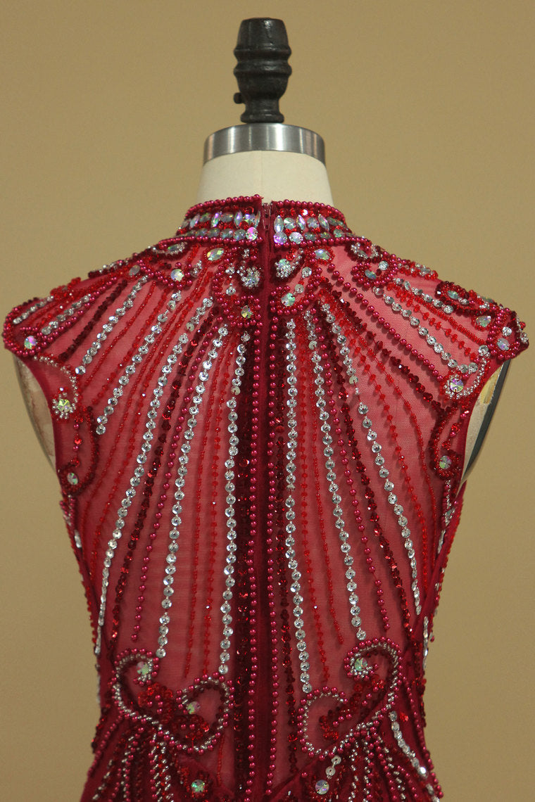 2022 Burgundy Prom Dresses High Neck Mermaid With Beading Sweep Train Tulle&Lace