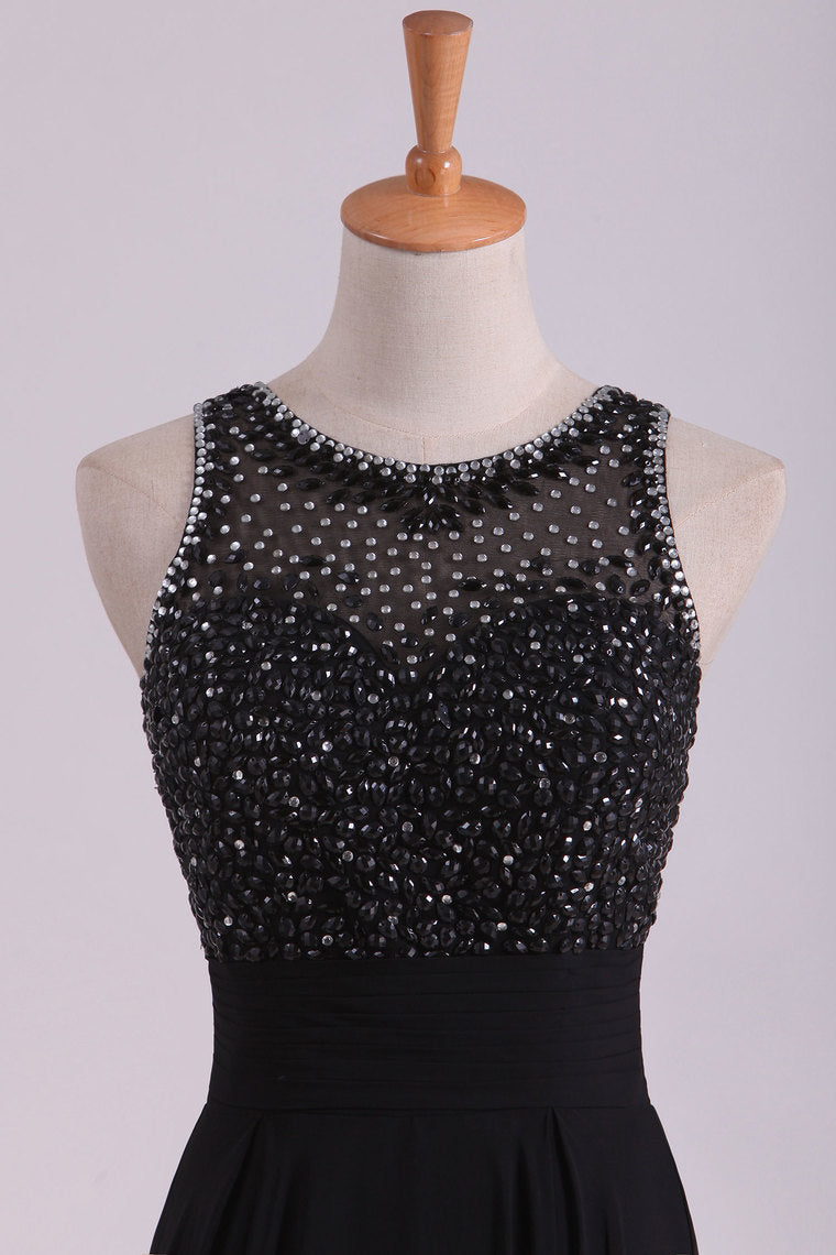 2022 Black Open Back Prom Dresses Scoop A Line Chiffon With Beading