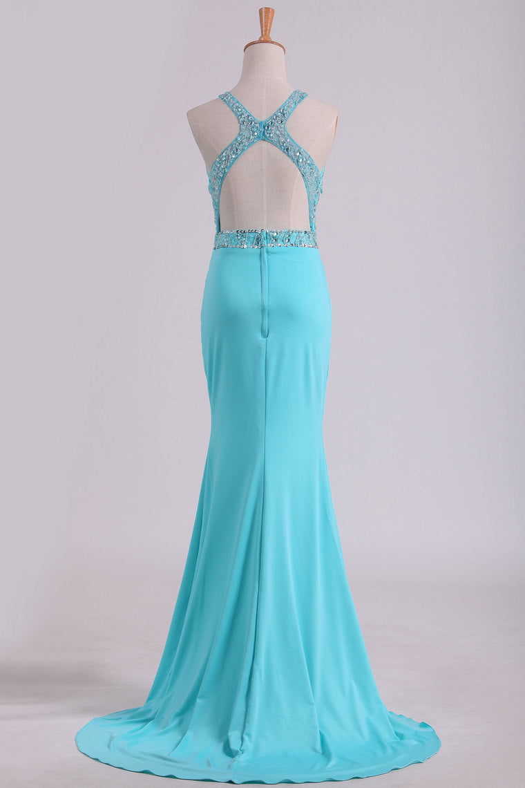 2022 Open Back Scoop With Beading And Slit Spandex Prom Dresses