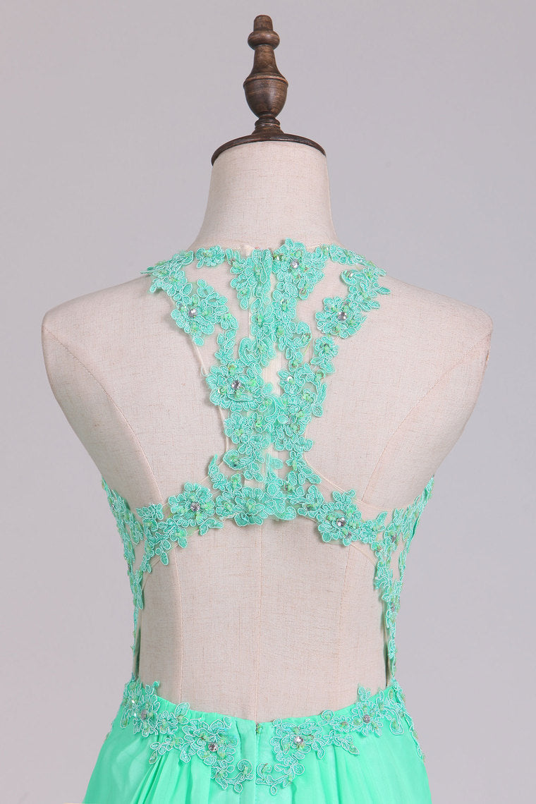 2022 Sexy Open Back Scoop Prom Dresses A Line Chiffon With Applique Floor Length